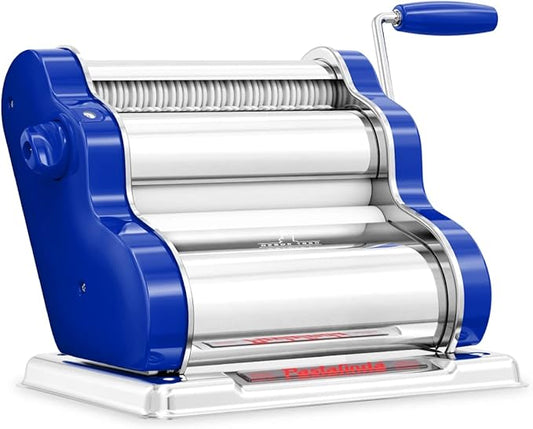 PASTALINDAClassic 200 Pasta Maker Machine, 20 cm Wide Rollers, 9 Thickness Positions, 2 Cutting Positions, Stainless Steel. Includes Reinforced Hand Crank And Two Clamps (Blue)