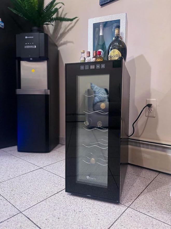 KingChii 12 Bottle Thermoelectric Wine Cooler Refrigerator Advanced Cooling Technology, Stainless Steel & Tempered Glass For Red Wine, Champagne for Home, Kitchen, or Office