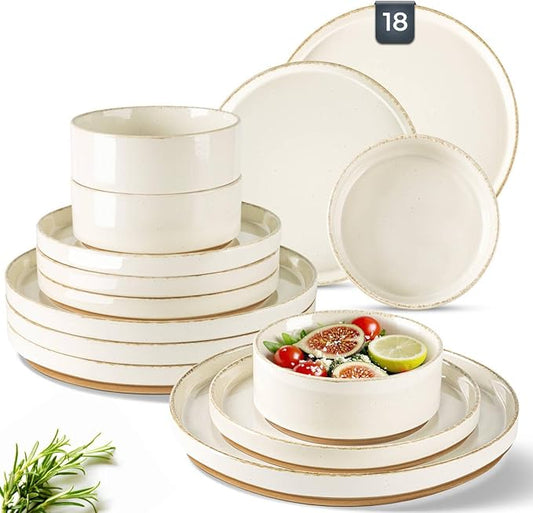 AmorArc Ceramic Dinnerware Sets for 6, 18 Pieces Handpainted Plates and Bowls Set with Rustic Terracotta Underside, Scratch Resistant Stoneware Dishes Set, Dishwasher & Microwave Safe