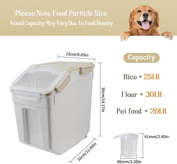 Large Flour Storage Container Bin 25lb, 4Pack Airtight Rice Storage Containers with Wheels Seal Locking Lid, BPA Free with Measuring Cup&Scoop for Flour, Rice, Grain(Gray)