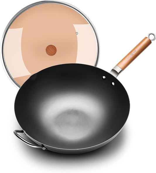 WANGYUANJI 14.2-Inch Pure Iron Wok with Lid, Flat-Bottom Uncoated Stir-Fry Pan for Induction/Gas/Electric, Traditional Chinese Wok with Tempered Glass Lid & Wood Handle