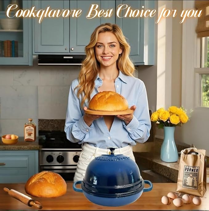 Dutch Oven for Bread Baking,6 Quart Enamel Bread Oven for Sourdough,10.5"Bread Oven with Lid,Bread Pans for Homemade Bread,Blue Thick Enamel Bread Pan-with Silicone Baking Mat&Recipe,Gifts for Family