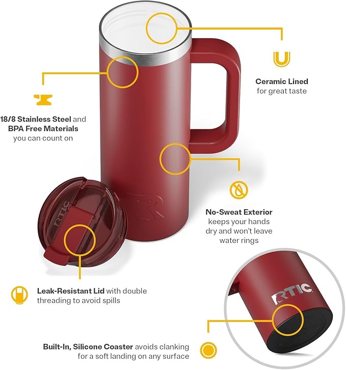 RTIC 20oz Road Trip Travel Mug with Lid and Handle, Insulated, Stainless Steel, Metal, Double Wall Vacuum-Insulation, Ceramic Lined, Portable Coffee, Tea Cup for Hot and Cold Drink, Black Cherry
