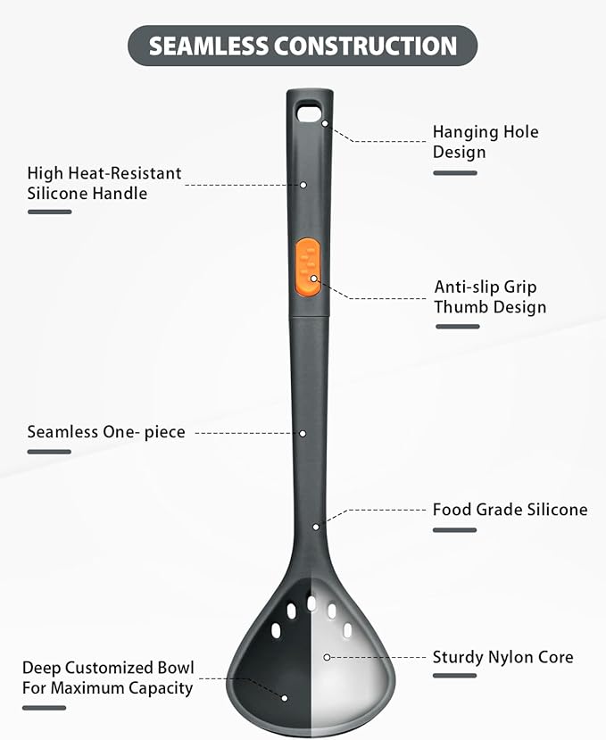 Silicone Pasta Fork and Ladle Spoon Set, Large Non Stick Kitchen Utensils for Cooking,Stirring,One Piece Serving Spaghetti, Soup, Sauce (GREY)