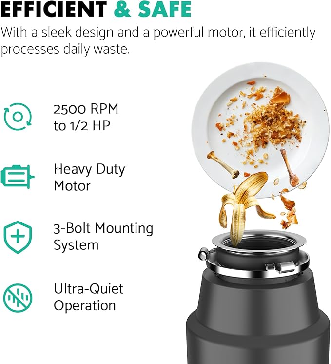 Lefton Garbage Disposal with Power Cord, 1/2 HP Continuous Feed Food Waste Disposer, LGD-513