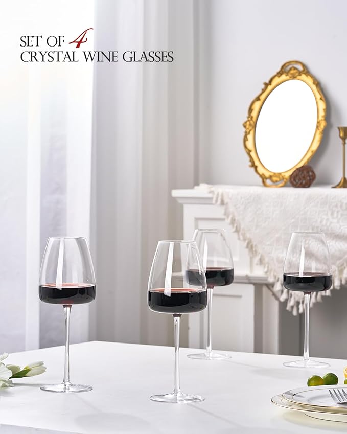 Hand-Blown 18OZ Crystal Wine Glasses Set of 4, Lead-Free Crystal Glasses with Unique Bottom Design for Red, White Wine, 530ml