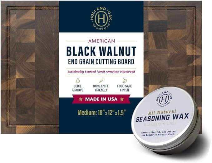 Handmade Walnut Cutting Board with Juice Groove and Handles – Includes Natural Wood Seasoning Wax – Premium Wooden Chopping Board Gift Set