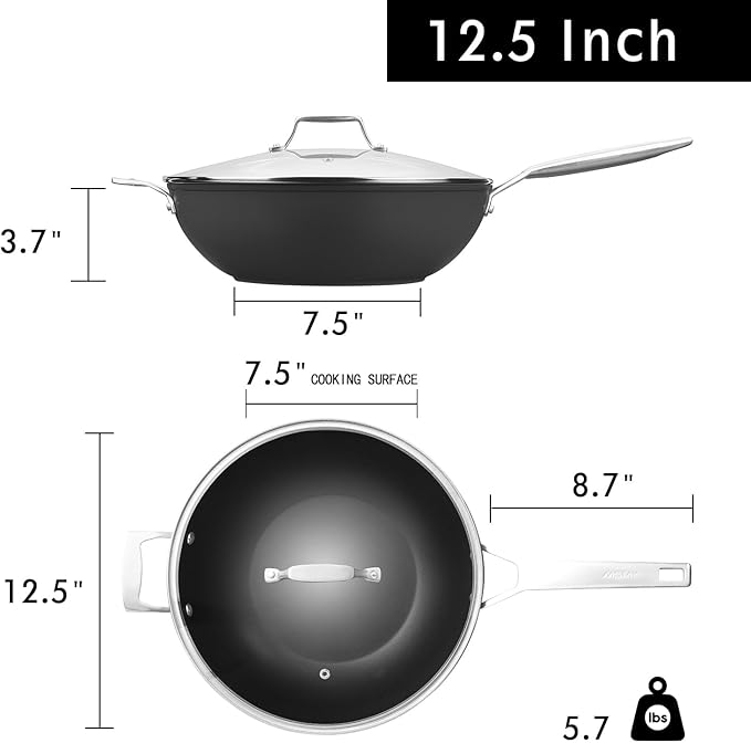 MsMk Titanium and Ceramic Nonstick Wok pan with lid，12.5 Inch Woks & Stir Fry Pans with Stay-Cool Handle，Flat Bottom Wok Suits for Induction, Electric, Gas, Halogen, All Stoves