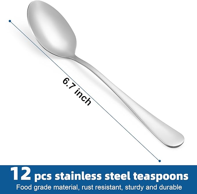 12 Pcs Teaspoons Set, Food-Grade Stainless Steel Spoons Silverware, Cutlery Tea Spoons, Durable Dessert Spoons, Metal Spoon for Home, Kitchen or Restaurant, Mirror Polished, Dishwasher Safe 6.7 Inch