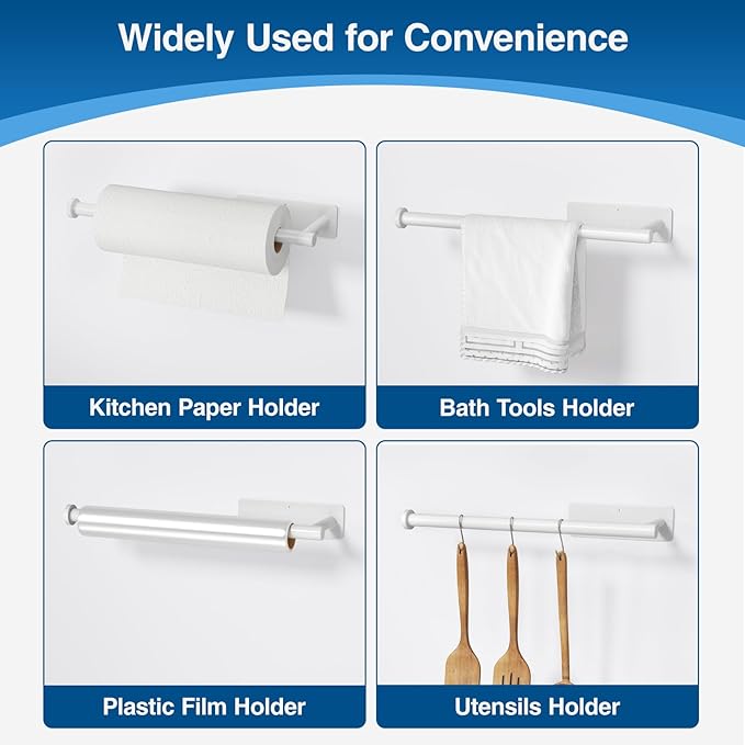 Paper Towel Holder - Self-Adhesive or Drilling, White Wall Mounted Rack - SUS304 Stainless Steel Kitchen Roll Holder Under Cabinet (2 Pack)