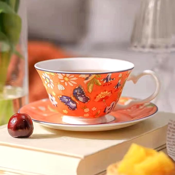 Aynsley Cottage Garden Windsor Fine Bone China English Tea Cup and Saucer Set, 7.4 oz (Orange)