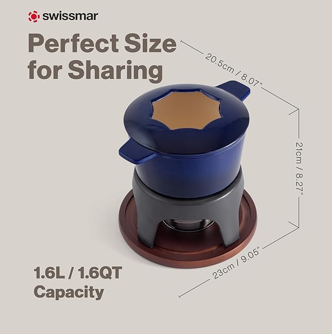 Swissmar Sierra Cast Iron Fondue Set, 1.6 Quart / 1.6 Liter – Perfect for Meat, Cheese, & Chocolate Fondues – Ideal for Family Bonding & Hosting Gifts - 12-Pieces, Deep Blue