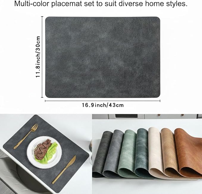 ICEDOG 12"x17" Waterproof PU Placemats - Faux Leather Heat-Resistant & Reversible Table Mats | Oil-Proof, Non-Slip for Kitchen, Dining, Outdoor BBQ (6, Black)