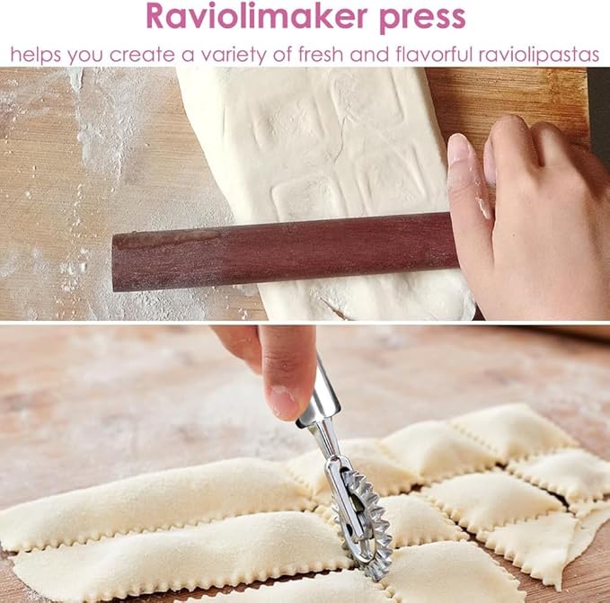 Ravioli Maker Press, Ravioli Press Mold Set, 1.4" Squares Ravioli Stamp Maker Cutter with Wood Rolling Pin, 2.6" Empanada Maker Press Kit with Dough Cutter and Ravioli Wheel, Makes 10 Ravioli