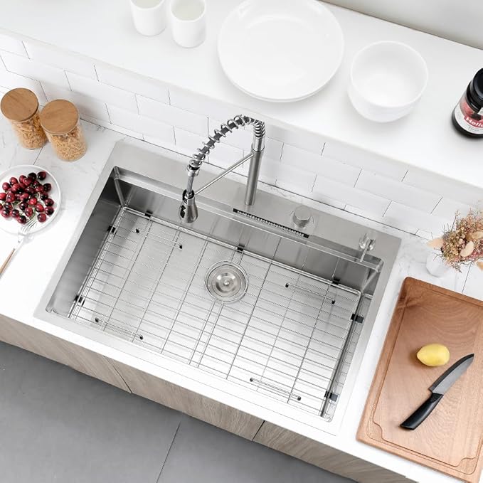 33 Inch Drop In Waterfall Kitchen Sink, 33x22 Drop in Kitchen Sink Waterfall Single Bowl Workstation 16 Gauge Stainless Steel Topmount Large Sinks with Faucet Combo