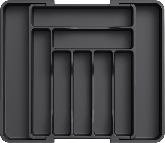 Lifewit Silverware Drawer Organizer, Expandable Utensil Organizer for Kitchen Drawers, Adjustable Cutlery and Flatware Tray, Plastic Spoons Forks Knives Holder Storage Dividers, Medium, Black