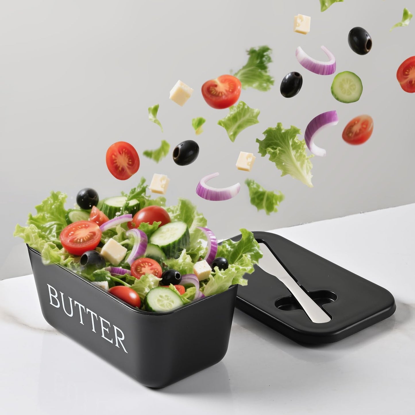 Large Plastic Butter Dish With Lid And Knife,Food Grade PP Butter Holder Keeper With Cover For Kitchen Refrigerator Black Butter Container