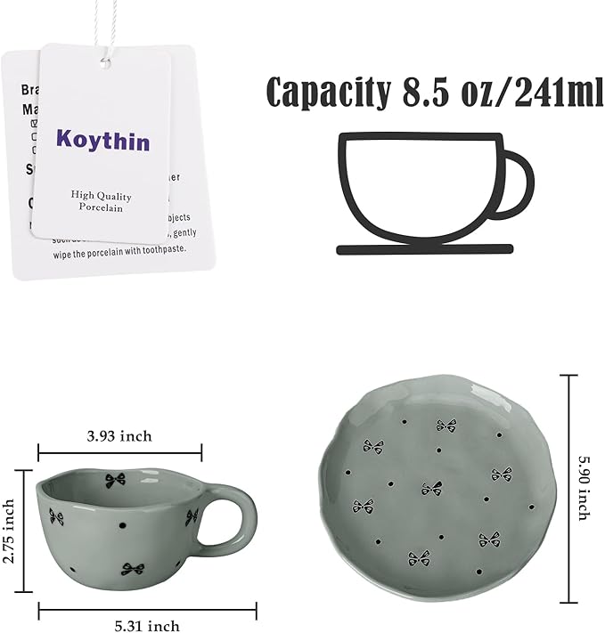 Koythin Ceramic Coffee Mug with Saucers, Handmade Flowers Mugs, Cute Cup for Girl Women, Aesthetic Tea Milk Cup with Handle, 8.5 oz/250 ml for Latte, Cocoa, Office, Home (Grey Small Bow)