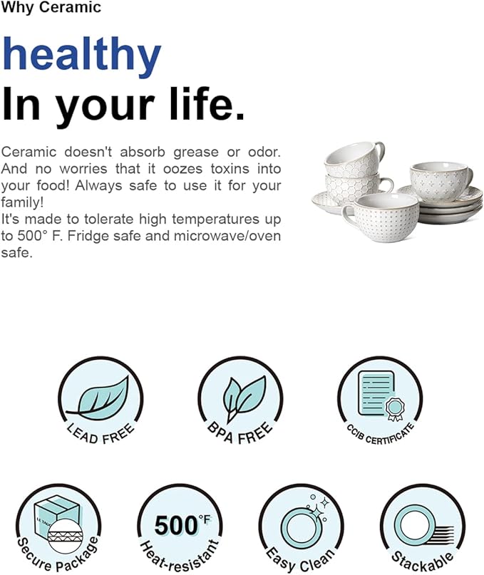 LE TAUCI Cappuccino Cups with Saucers 6 oz, Ceramic Embossment Coffee Cup for Au Lait, Double shot, Latte, Cafe Mocha, Tea, Dishwasher Safe - Set of 4, Arctic white