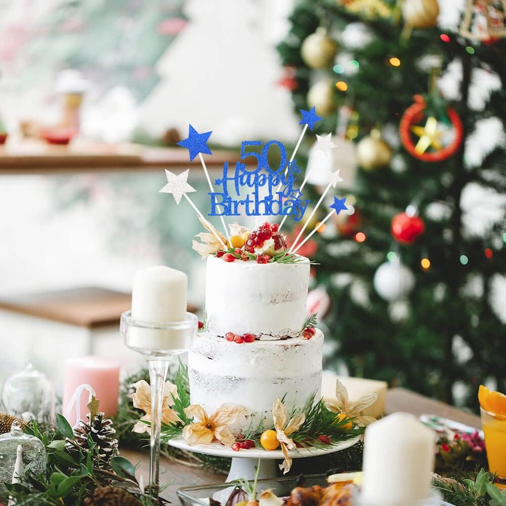 Glittery 50th Happy Birthday Cake Topper with Star,Personalised 50 Birthday Cake Toppers Party Decorations Party Supplies for Men Women Blue