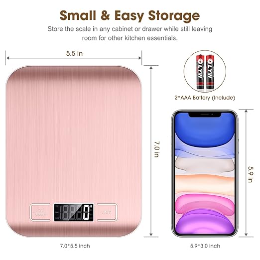 Mik-Nana Food Scale Pink, 10kg/22lb Digital Kitchen Scale Weight Grams and Oz for Baking and Cooking, 1g/0.1oz Precise Graduation, Easy Clean Stainless Steel