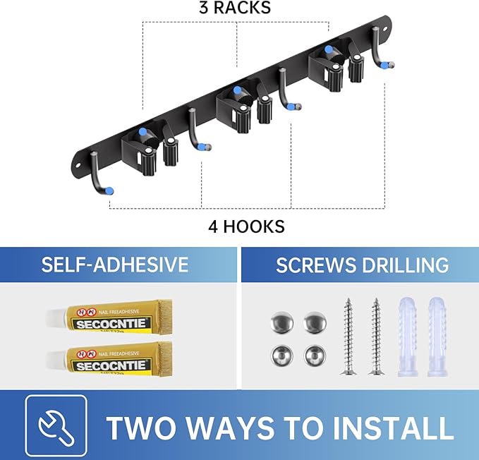 ZONGOOL 2 Pack Mop Broom Holder Wall Mount, Broom Organizer Storage Tool Racks Stainless Steel Self Adhesive Heavy Duty Hooks for Home Kitchen Garden (3 Racks with 4 Hooks, Black)