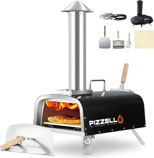12" Outdoor Pizza Oven Propane and Wood Fired Pizza Maker Multi-Fuel Pizza Ovens with Gas Burner, Wood Tray, Stone, Pizza Peel, Cover, Forte Gas (Black)