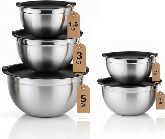 Vinod Cookware Stainless Steel Mixing Bowls with Lids - Heavy Duty Flat Bottom Stackable Mixing Bowl Set - Bowl for Meal Prep, Cooking, Mixing & Serve - Space Saving & Easy Clean - Set of 5