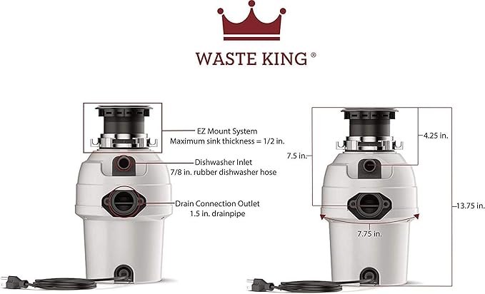 Waste King Garbage Disposal for Kitchen Sink with Power Cord, Food Waste Disposer, L-3200