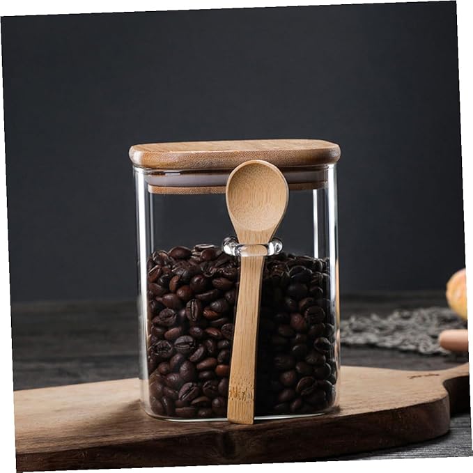 2 Sets Glass Food Storage Containers with Wood Lids and Spoons Airtight Sealed Clear Coffee Bean Holders and Tea Pots Easy Scoop Kitchen Pantry Jars for Freshness and Meal Prep