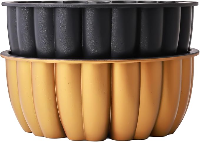 Heart Shape Aluminum Cake Pan, Titanium Coating, Non-Stick, 12 Cups, Gifts for Mom, 10 Inch Baking Mold, Cast Aluminum Fluted Tube Pan, Easy to Clean (2-Pack, Black-Gold)