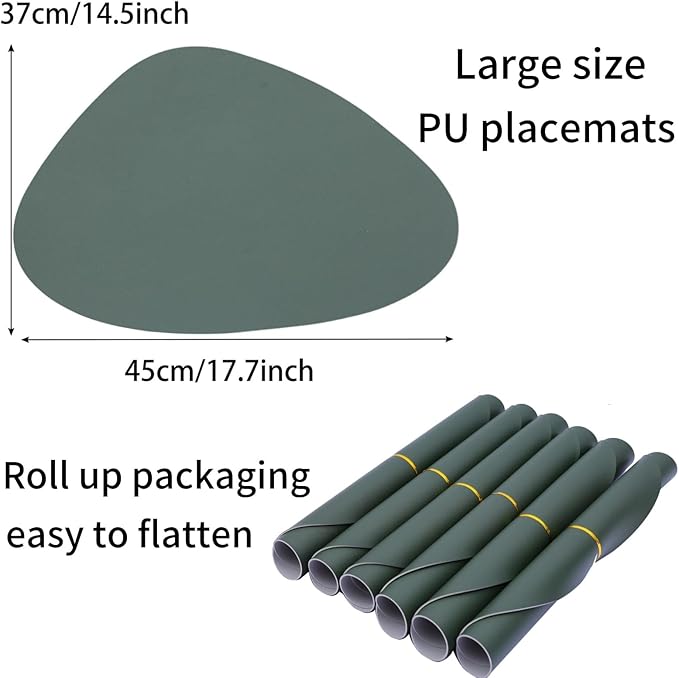 Faux Leather Placemats Set of 6 Reversible,Round PU Placemat for Dining Table,Waterproof Table Mats Heat Resistant Wipeable Anti Slip Washable,Modern Table Protectors(Green and Grey)