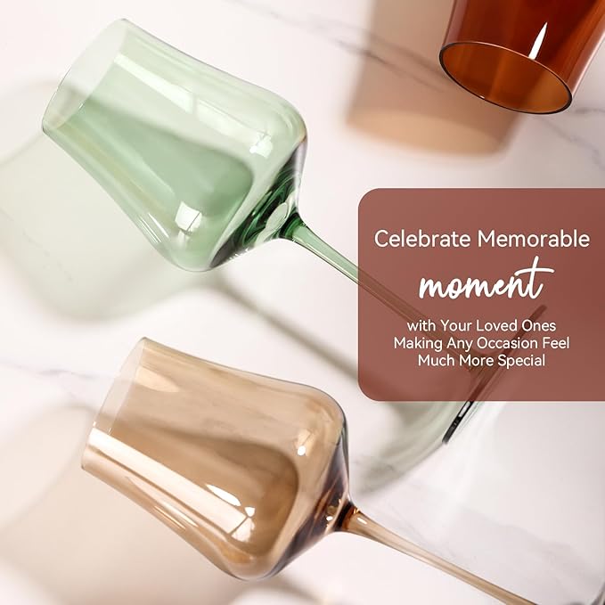 Colored Wine Glasses Set of 6-18oz Hand Blown Colorful Wine glasses - Unique Gift for Birthday,Wedding, housewarming