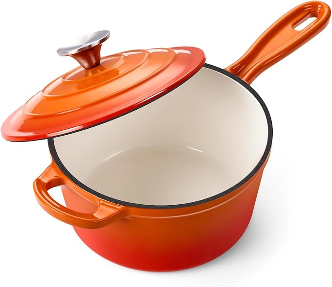 Onader 2 Quart Saucepan with Lid, Enameled Cast Iron Sauce Pan, Small Cooking Sauce Pot, Enamel Dutch Oven Pot Nonstick – Sunset Orange