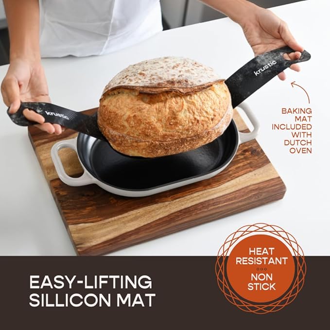 Enameled Cast Iron Dutch Oven for Professional Sourdough Bread Baking | 5.5 Quart Loaf Size Oval Cookware Pot with Lid | Triple-Layer Enamel Coating Pan with Non Stick Silicone Mat | White