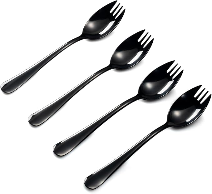 Alata Black Mirror Sporks 8-Pack Set Stainless Steel Sporks, 7.4 Inches Long Handle Salad Forks For Dessert, Ice Cream, Salad, Soup, Noodle, Spaghetti, Dishwasher Safe
