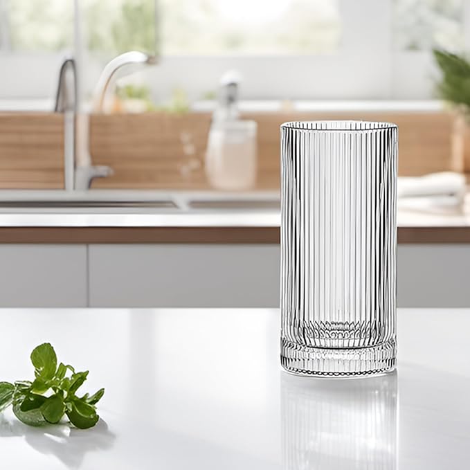 Ribbed Highball Glasses 16 oz - Set of 4 Vertical Drinking Glassware - Fits For Home Bars, Offices, or Restaurants - Water Glass Cups Dishwasher Safe