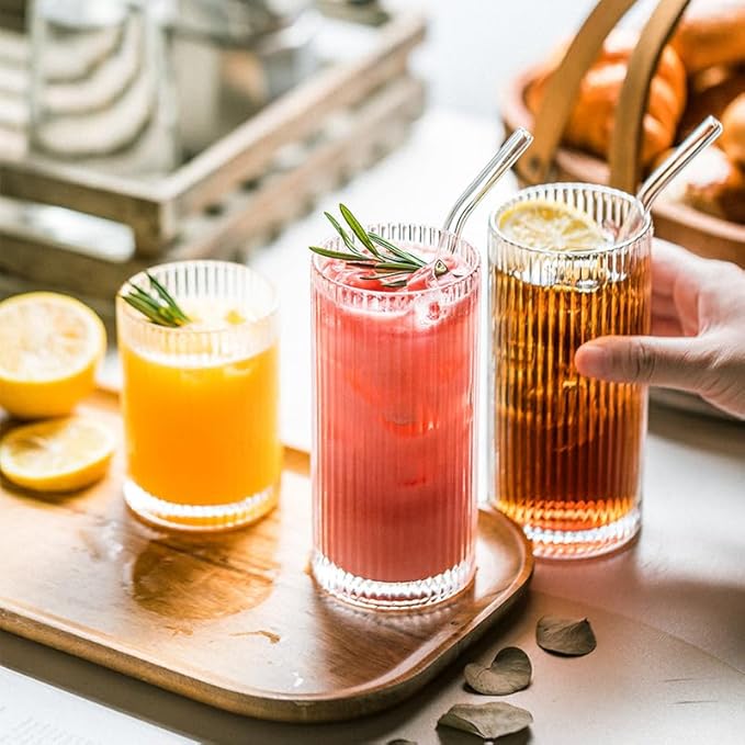 Drinking Glasses with Origami Style Set of 4 Glass Cups, 9oz Ribbed Glassware, Art Deco Drinking Glass, Elegant Ripple Vintage Glassware, Ideal for Cocktail, Whiskey, Soda, Juice