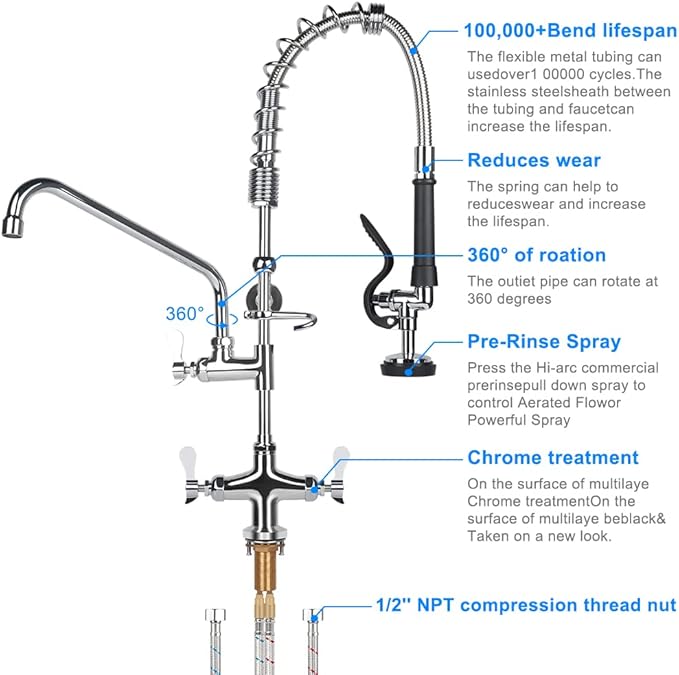 27 inch Height Deck Mount Commercial Faucet with Pre Rinse Sprayer, Single Hole Commercial Restaurant Kitchen Sink Faucet with 12” Swing Spout for Commercial Kitchens Restaurant Hotel