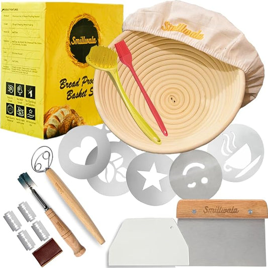 Round Banneton Bread Proofing Basket with Linen Liner, 9” Bread Basket with 6 Essential Bread Making Tools – Natural Rattan Sourdough Banneton Basket Kit for Baking Enthusiasts