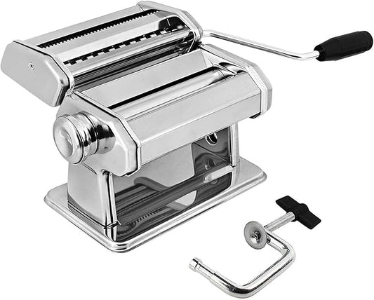 GOURMEX Pasta Maker Machine Stainless Steel Manual | With Adjustable Thickness Settings | Perfect for Homemade Spaghetti Fettuccini Noodles and Lasagna | Includes Removable Handle and Clamp (Silver)