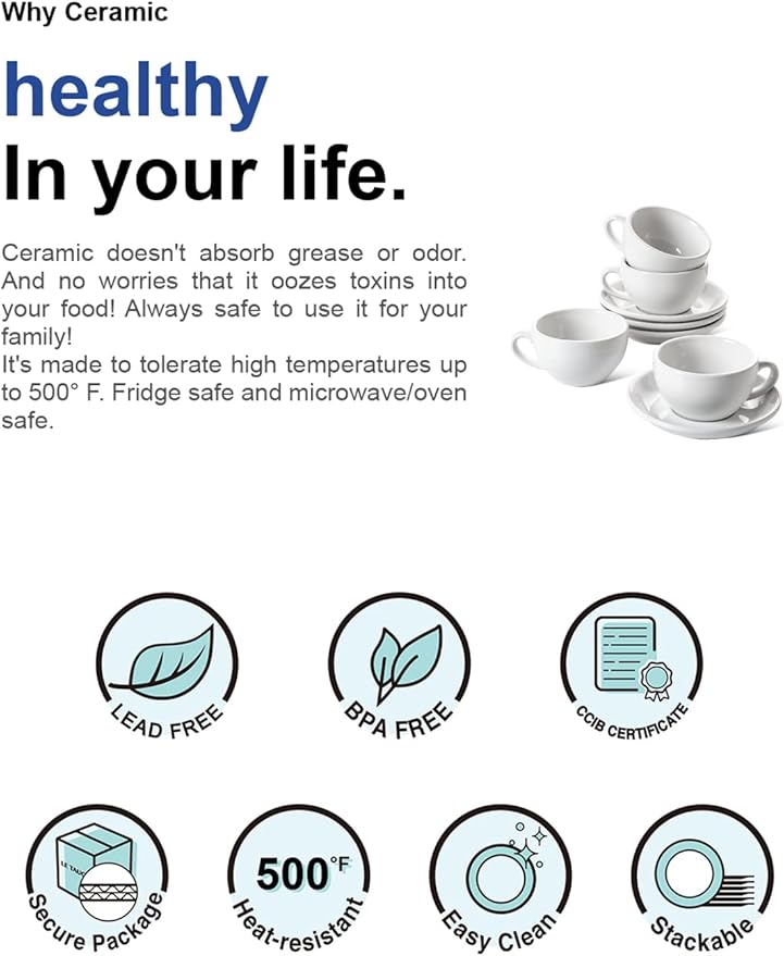 LE TAUCI 8 oz Cappuccino Cups with Saucers, Heavyweight Ceramic Large Coffee Cup for Au Lait, Double shot, Latte, Cafe Mocha, Tea - Dishwasher Safe, Set of 4, White