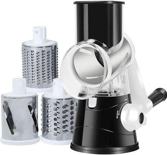 Rotary Cheese Grater with Handle: Cheese Grater with 3 Stainless Steel Blades, High Efficiency Easy Clean Grater, Non-Slip Suction Cheese Shredder, Rotary Grater Ideal For Cheese And More-Black