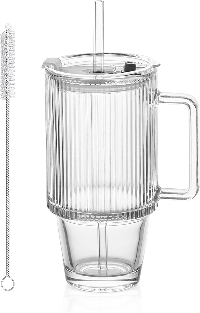 KEMORELA 24 Oz Ribbed Glass Tumblers with Lids and Straws, Tumbler Cup with Handle, Iced Coffee Glassware, Clear Reusable Drinkware for Smoothies and Beverages (1)