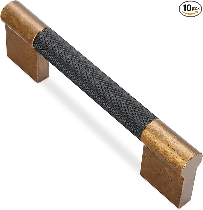 10 Pack 3-3/4 inch(96mm) Black and Antique Brass Kitchen Cabinet Handles Knurled Cabinet Pulls Black Drawer Pulls