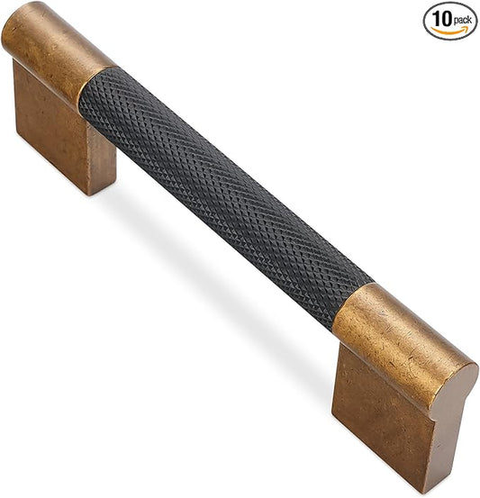 10 Pack 3-3/4 inch(96mm) Black and Antique Brass Kitchen Cabinet Handles Knurled Cabinet Pulls Black Drawer Pulls