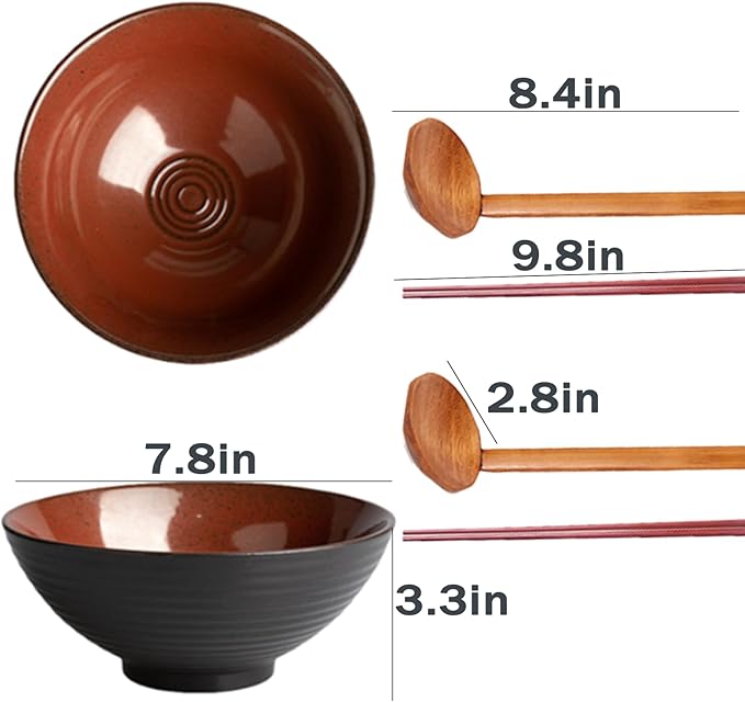 8 Inch 40oz Large Japanese Ramen Bowl Set of 2,Material Safety Ceramic Ramen Bowls with Matching Chopsticks and Spoons, Pho Bowls Ramen Noodle Bowl for Asian Udon Soup Salad Cereal(Red)