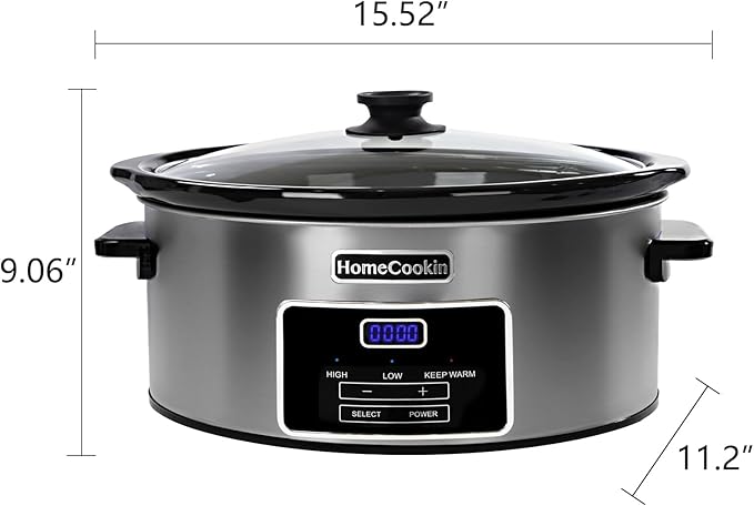 HOMECOOKIN 6-Quart Digital Programmable Slow Cooker with Timer - Small Kitchen Appliance for Family Dinners - Serves 6+ People - Heat Settings: Keep Warm, Low and High