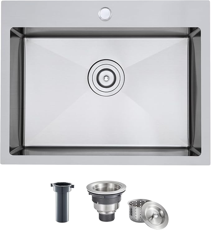 MENATT 21 Inch Drop in Kitchen Sink Brushed Nickel, 18 Gauge Stainless Steel 1 Faucet Hole Single Bowl Kitchen Sink Topmount 9 inch Deep Basin Bowl with Drain Strainer, D21"xW18"xH9"