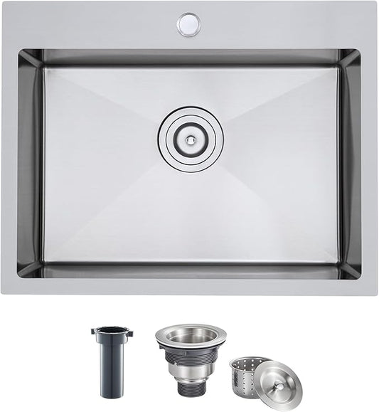 MENATT 21 Inch Drop in Kitchen Sink Brushed Nickel, 18 Gauge Stainless Steel 1 Faucet Hole Single Bowl Kitchen Sink Topmount 9 inch Deep Basin Bowl with Drain Strainer, D21"xW18"xH9"